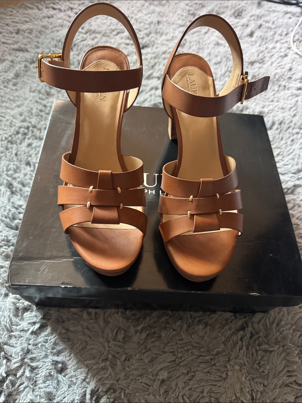 Lauren Ralph Lauren Tan Leather Strappy Block Heel Sandals Size 9